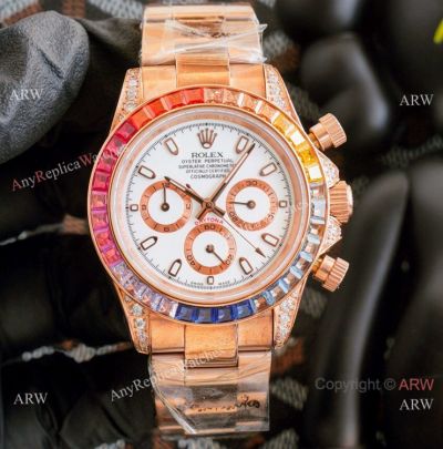 Fake Rolex Daytona Rainbow Watch White Dial Rose Gold Automatic